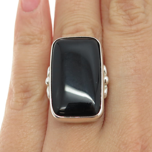 925 Sterling Silver Vintage Real Black Onyx Floral Statement Ring Size 6