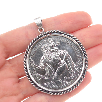 925 Sterling Frame & 1000 Silver Coin Vintage St. Christopher Zodiac Pendant