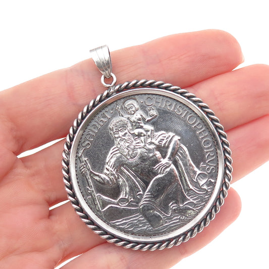 925 Sterling Frame & 1000 Silver Coin Vintage St. Christopher Zodiac Pendant