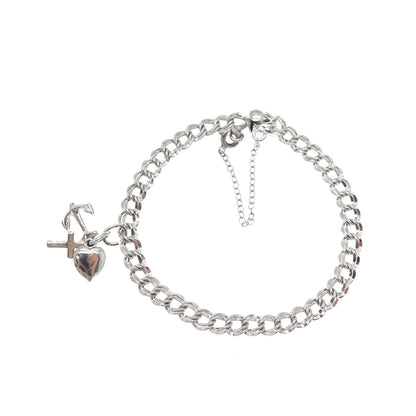 ELCO Sterling Silver Vintage Heart Anchor Cross Double Curb Link Bracelet 6.75"