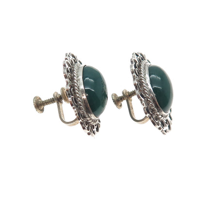 925 Sterling Silver Vintage Mexico Real Green Onyx Filigree Screw Back Earrings