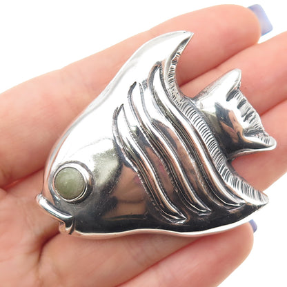 925 Sterling Silver Vintage Mexico Real Aventurine Fish Oxidized Pin Brooch
