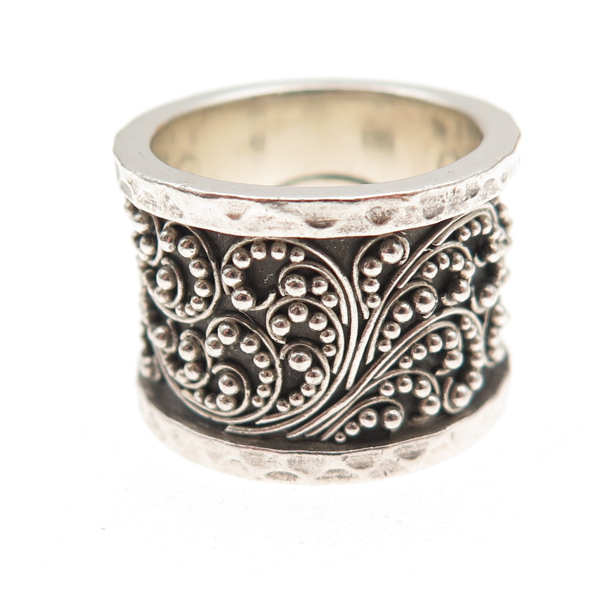 Lois Hill 925 Sterling Silver Vintage Granulated Scroll Wide Band Ring Size 6.5