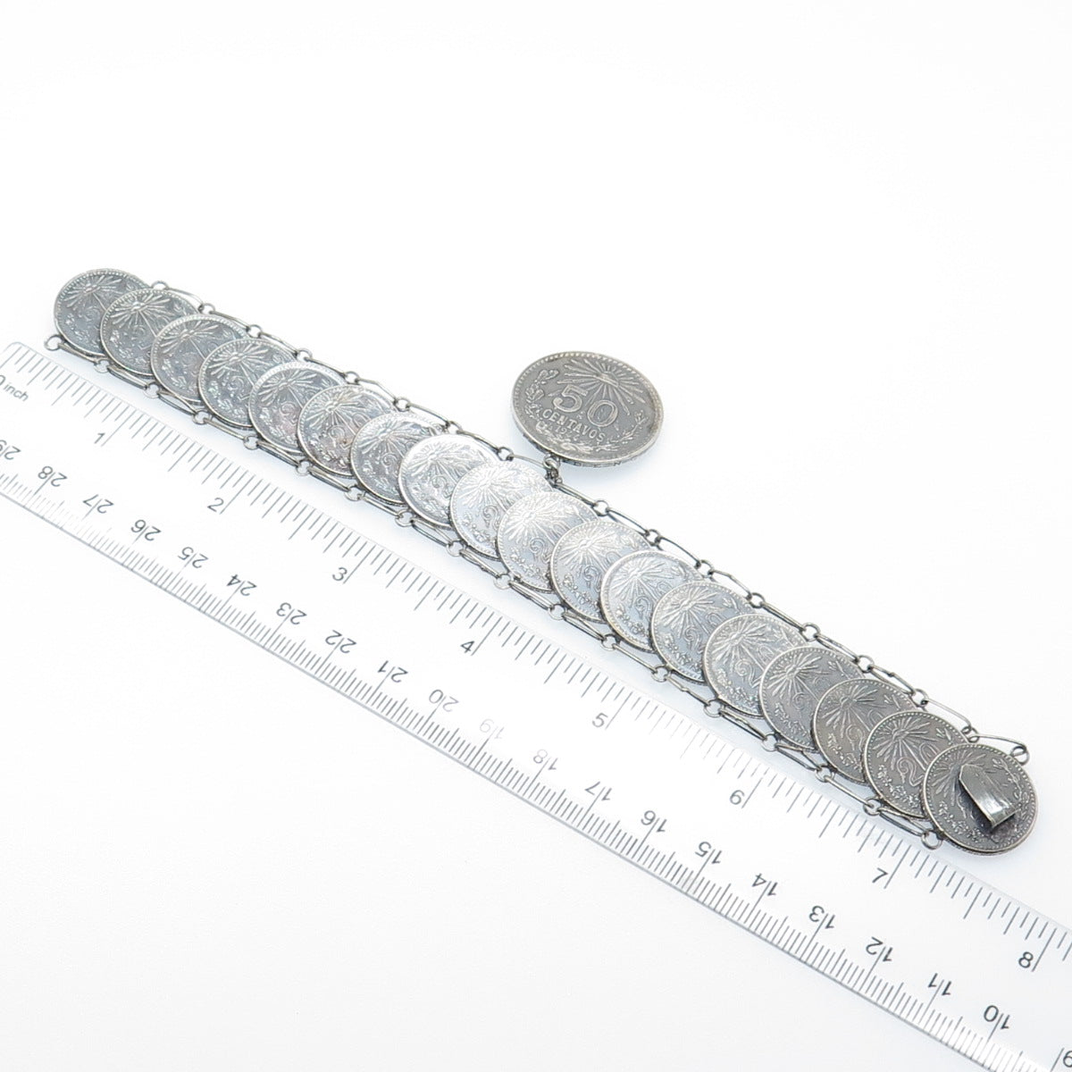 720 Silver Antique 1940s Mexico 20 & 50 Centavos Coin Link Bracelet 7"