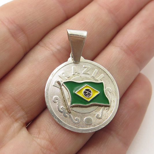 925 Sterling Silver Vintage Colorful Enamel Flag of Brazil Pendant