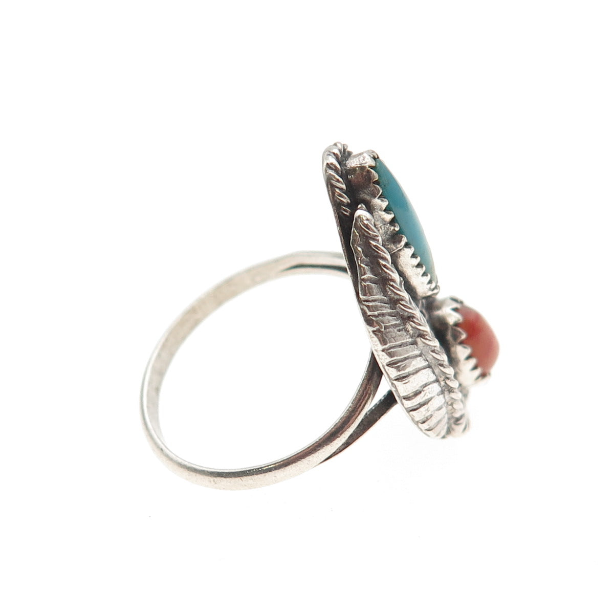 Old Pawn Sterling Silver Vintage Turquoise Cat's Eye Feather Tribal Ring Size 8