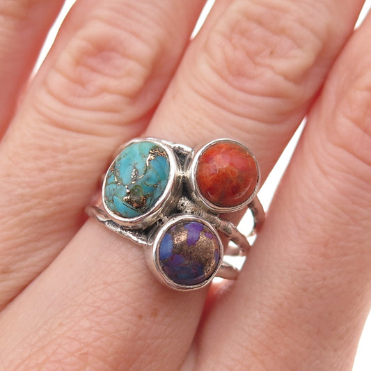925 Sterling Silver Vintage Real Mohave Multi-Turquoise & Coral Ring Size 7.75
