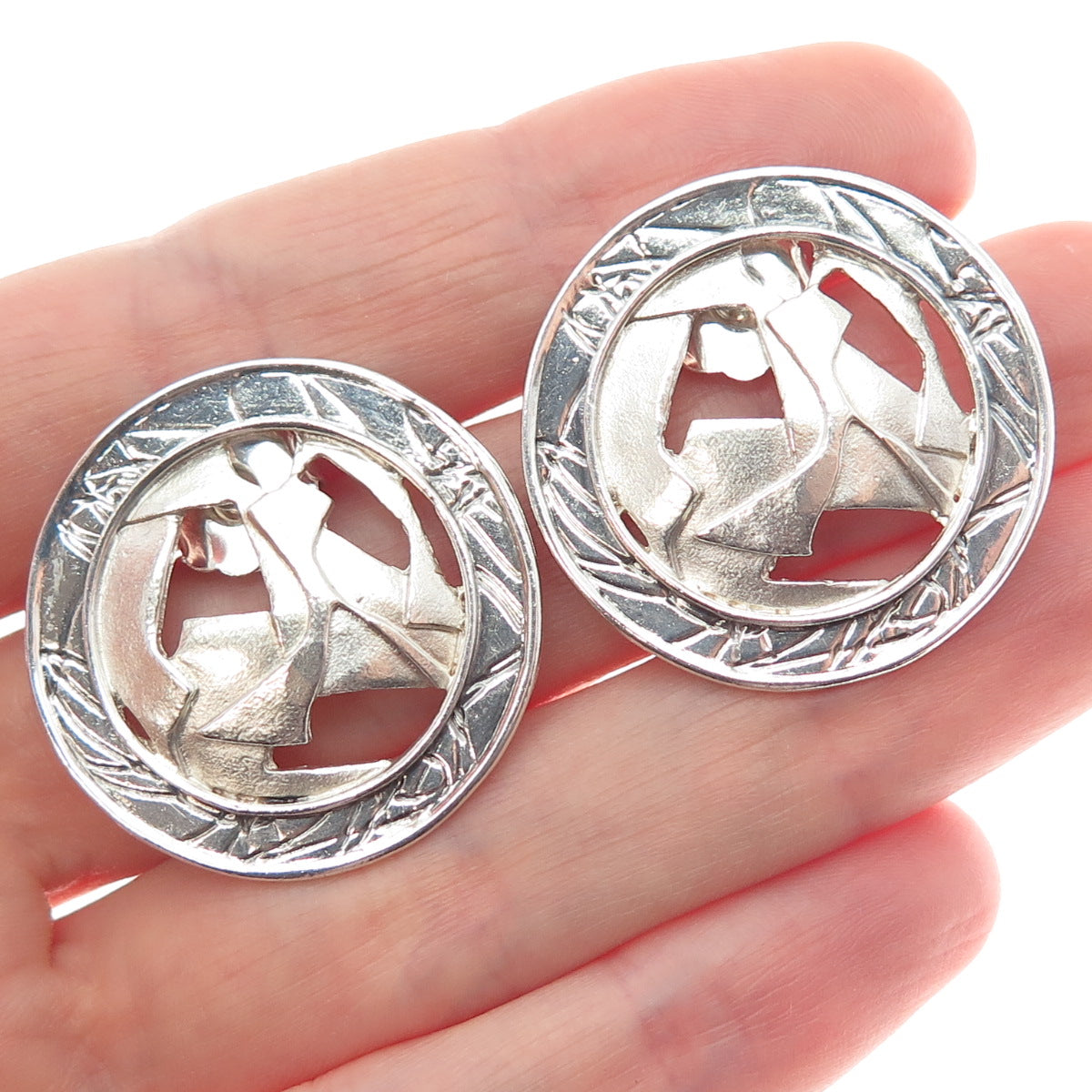 925 Sterling Silver Vintage Modernist Round Earrings