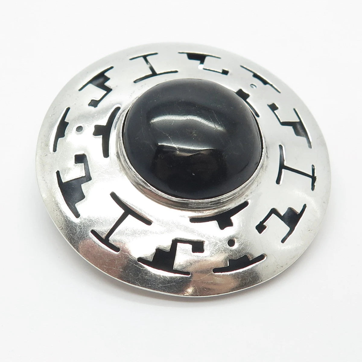 925 Sterling Silver Vintage Mexico JLP Real Obsidian Gem Pin Brooch / Pendant