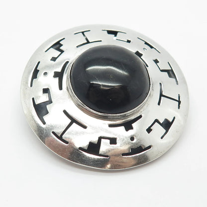 925 Sterling Silver Vintage Mexico JLP Real Obsidian Gem Pin Brooch / Pendant