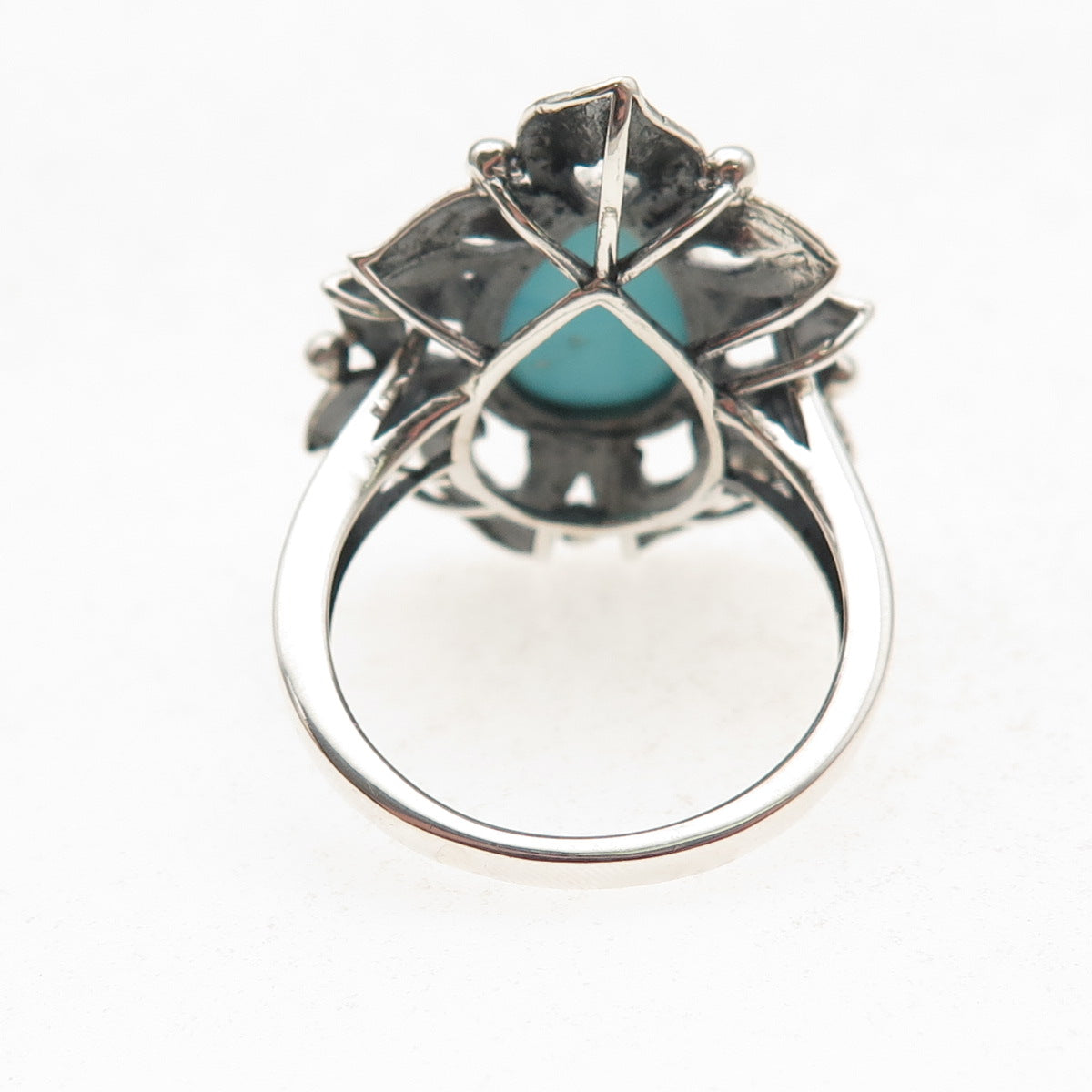 925 Sterling Silver Real Tyrone Turquoise Floral Oxidized Ring Size 8
