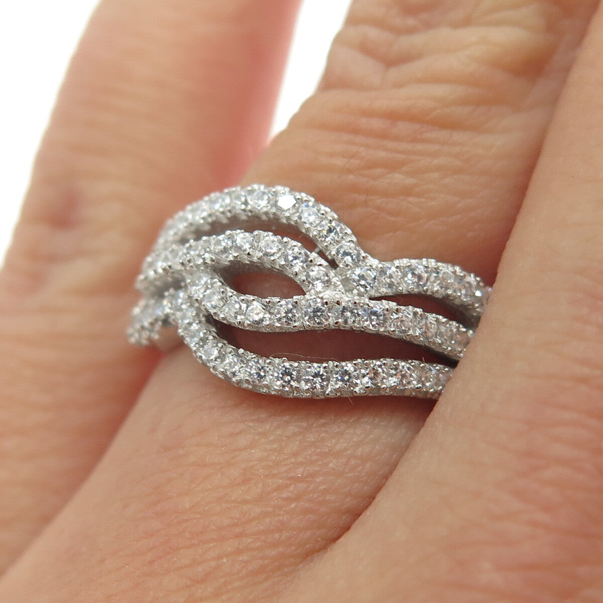 925 Sterling Silver Pave C Z Wavy Ring Size 6.25