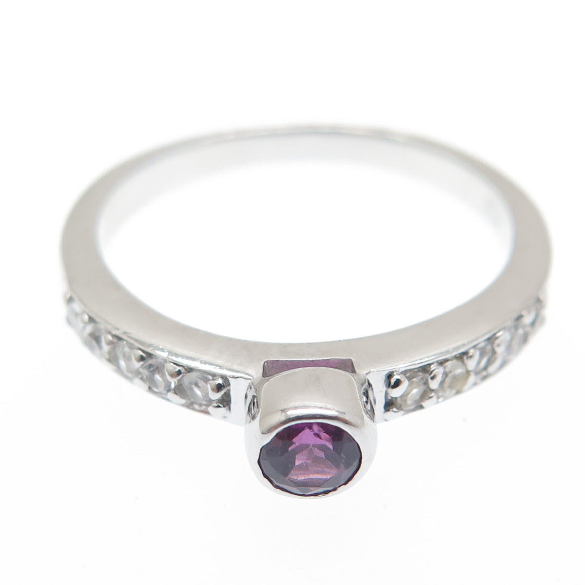 925 Sterling Silver Real Round-Cut Amethyst & White Topaz Ring Size 7
