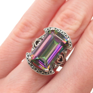 925 Sterling Silver Vintage Real Mystic Quartz & Pearl Oxidized Ring Size 5.75