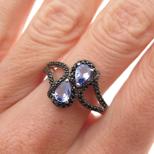 Chuck Clemency 925 Sterling Silver Real Tanzanite & Black Spinel Ring Size 8
