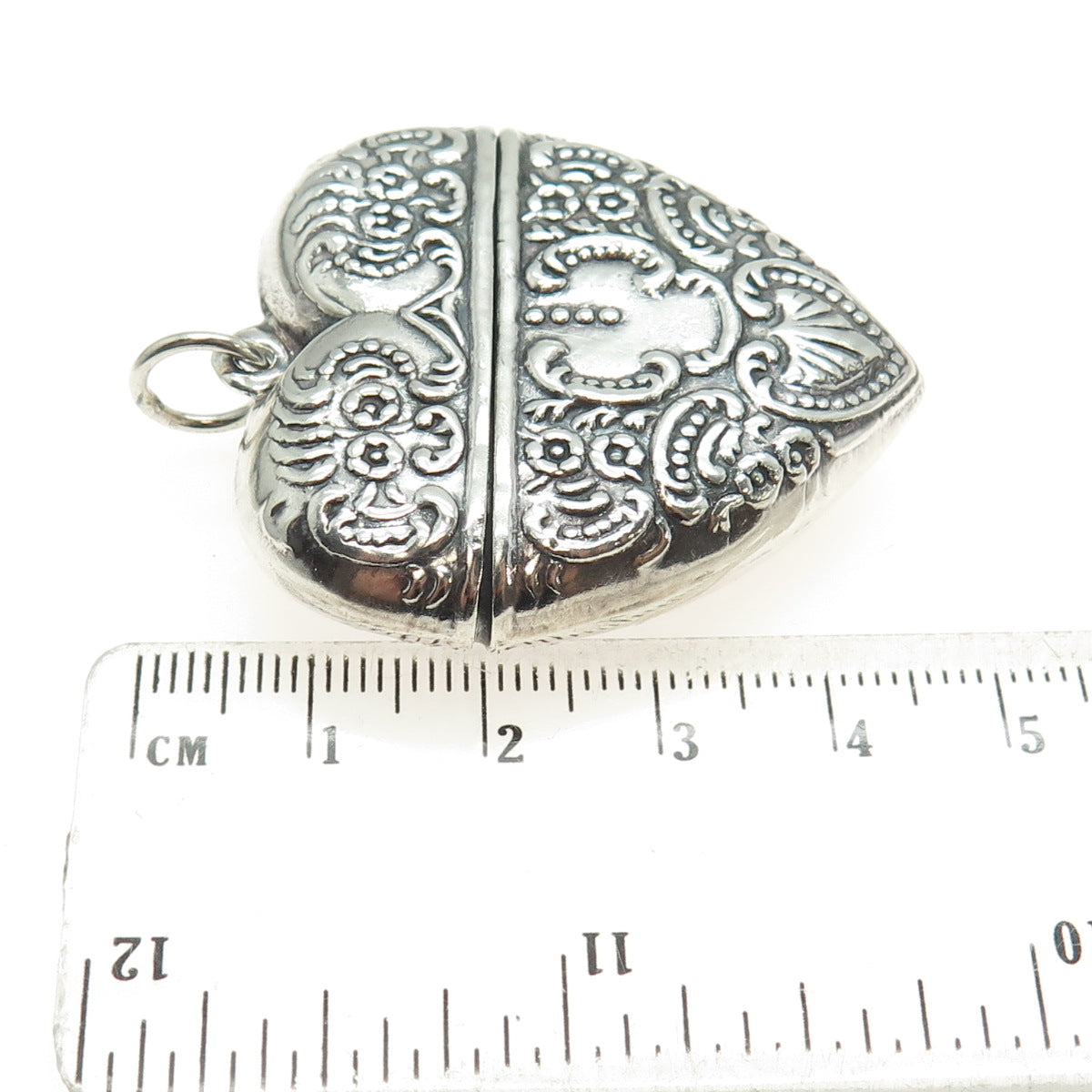 925 Sterling Silver Vintage Repousse Oxidized Heart Box Pendant