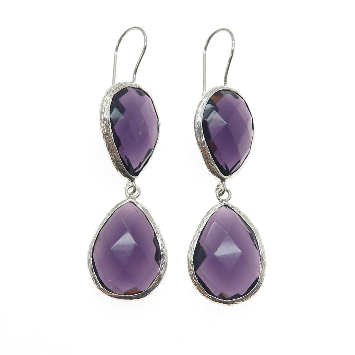925 Sterling Silver Real Pear-Cut Amethyst Dangle Earrings
