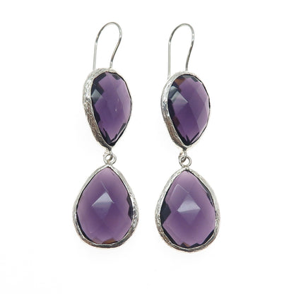 925 Sterling Silver Real Pear-Cut Amethyst Dangle Earrings