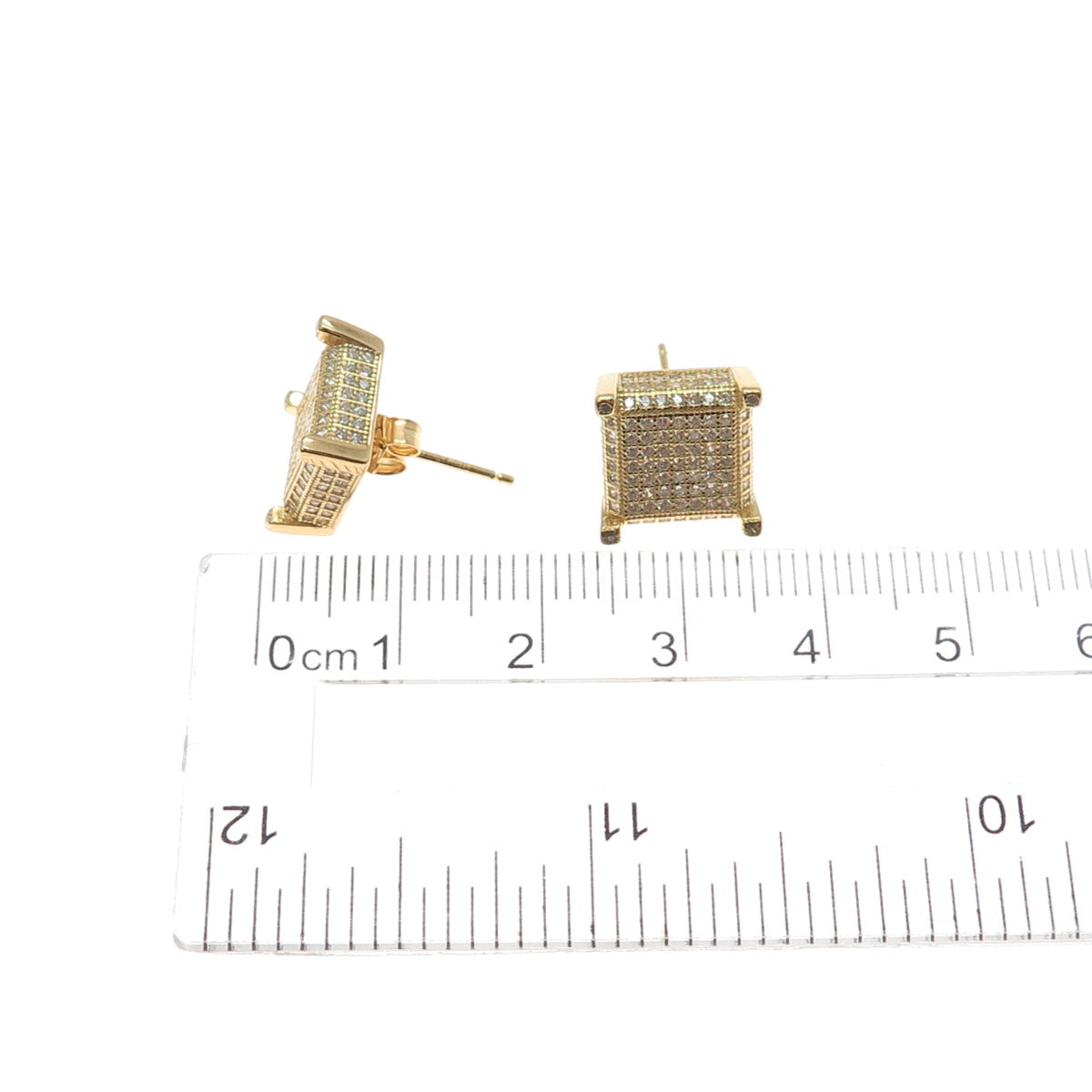 925 Sterling Silver Gold Plated Round-Cut C Z Square Stud Earrings