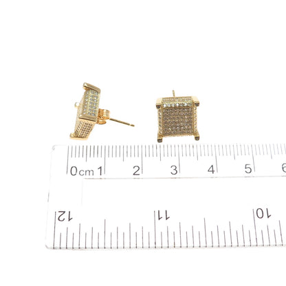 925 Sterling Silver Gold Plated Round-Cut C Z Square Stud Earrings
