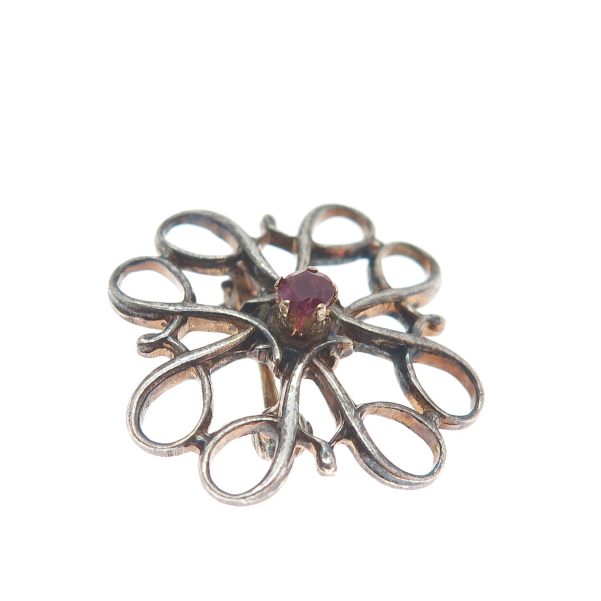 NUMBER ONE 925 Sterling Silver Vintage Real Ruby Swirl Flower Oxidized Brooch