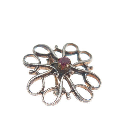 NUMBER ONE 925 Sterling Silver Vintage Real Ruby Swirl Flower Oxidized Brooch