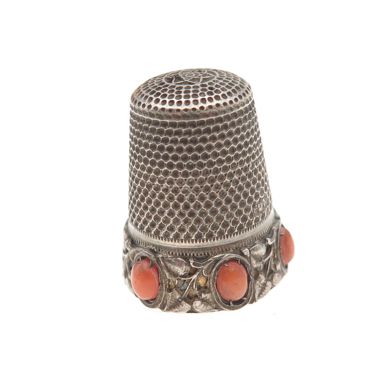 925 Sterling Silver Antique Art Deco Real Coral Sewing Thimble (missing 1 stone)