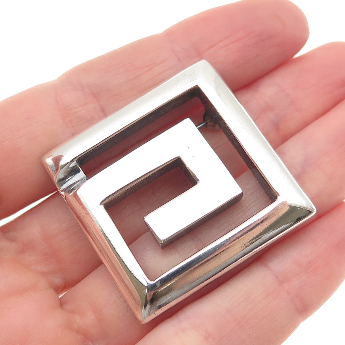 925 Sterling Silver Vintage Modernist Spiral Square Oxidized Pin Brooch