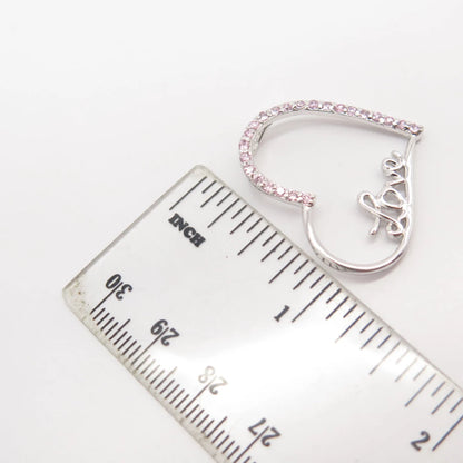 925 Sterling Silver Vintage Pink-Tone C Z "Love" Open Heart Slide Pendant