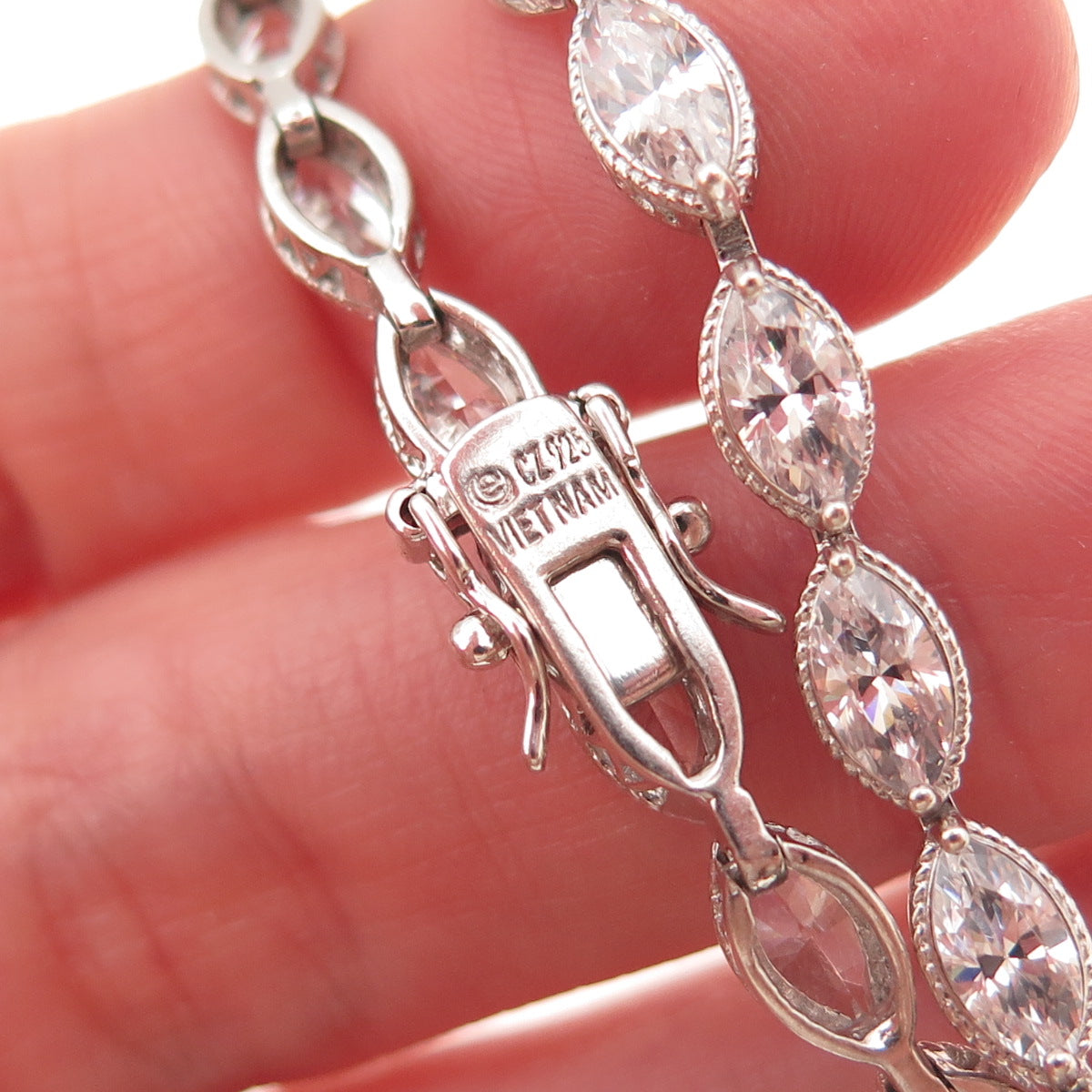 925 Sterling Silver Marquise-Cut C Z Link Bracelet 7"