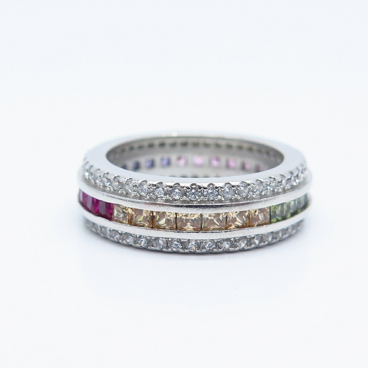 925 Sterling Silver Lab-Created Ruby & C Z Band Ring Size 6.75