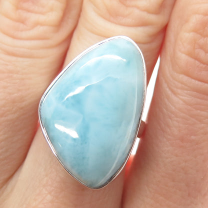 925 Sterling Silver Vintage Real Cabochon Larimar Modernist Ring Size 5