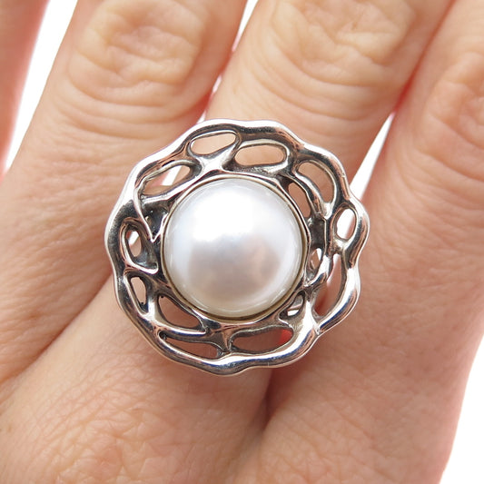 HAGIT GORALI Sterling Vintage Israel Real Pearl Modernist Flower Ring Size 6.75
