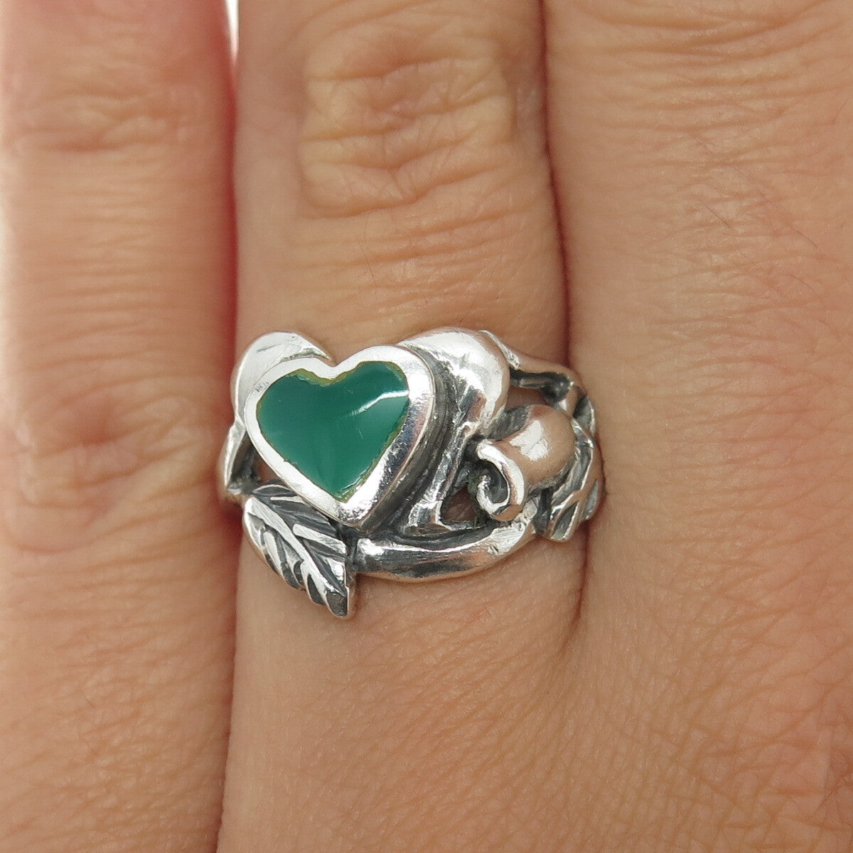 925 Sterling Silver Vintage Real Green Onyx Heart & Flower Ring Size 6.75