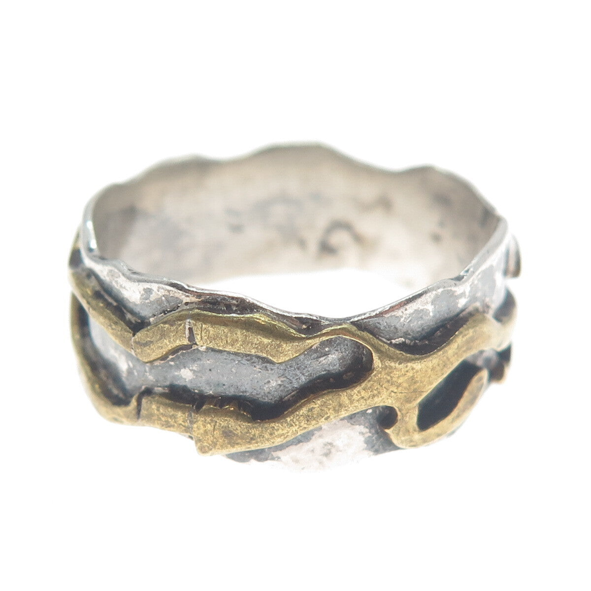 925 Sterling Silver 2-Tone Vintage Modernist Oxidized Band Ring Size 14.5