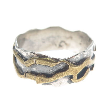 925 Sterling Silver 2-Tone Vintage Modernist Oxidized Band Ring Size 14.5