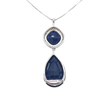 925 Sterling Silver Real Diamond & Sapphire Teardrop Box Chain Necklace 18"