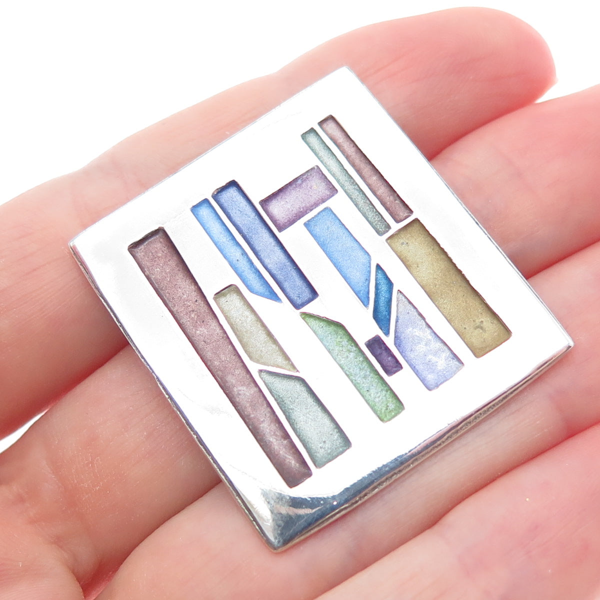 CARLY WRIGHT 925 Sterling Silver Vintage Enamel Modenrist Mosaic Pin Brooch