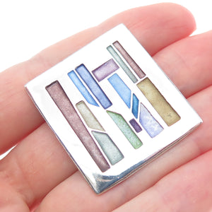 CARLY WRIGHT 925 Sterling Silver Vintage Enamel Modenrist Mosaic Pin Brooch
