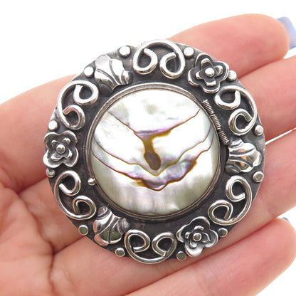 925 Sterling Silver Vintage Mexico Real MOP Oxidized Locket Pin Brooch / Pendant