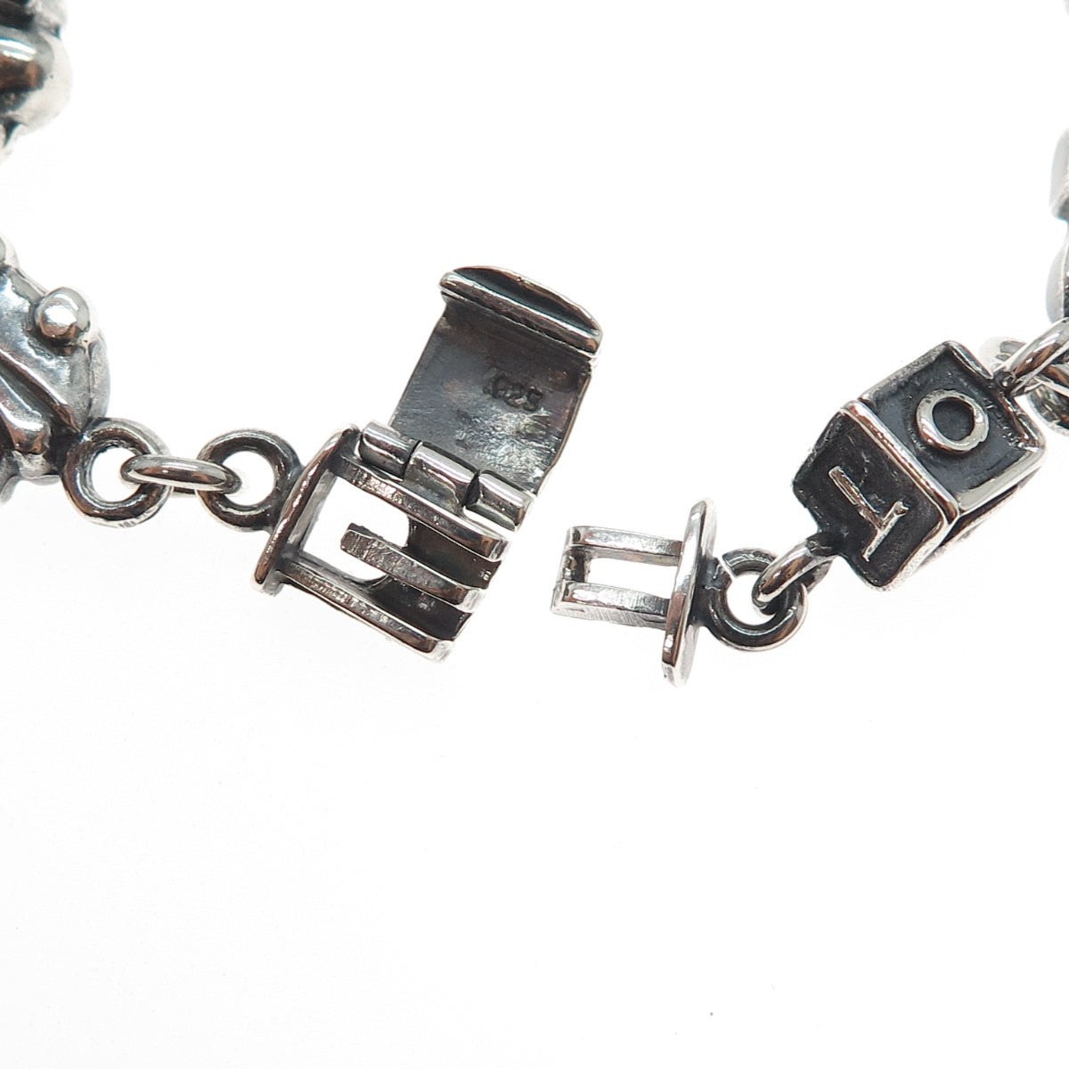 925 Sterling Silver Vintage Baby Charms Oxidized Link Bracelet 6.75"