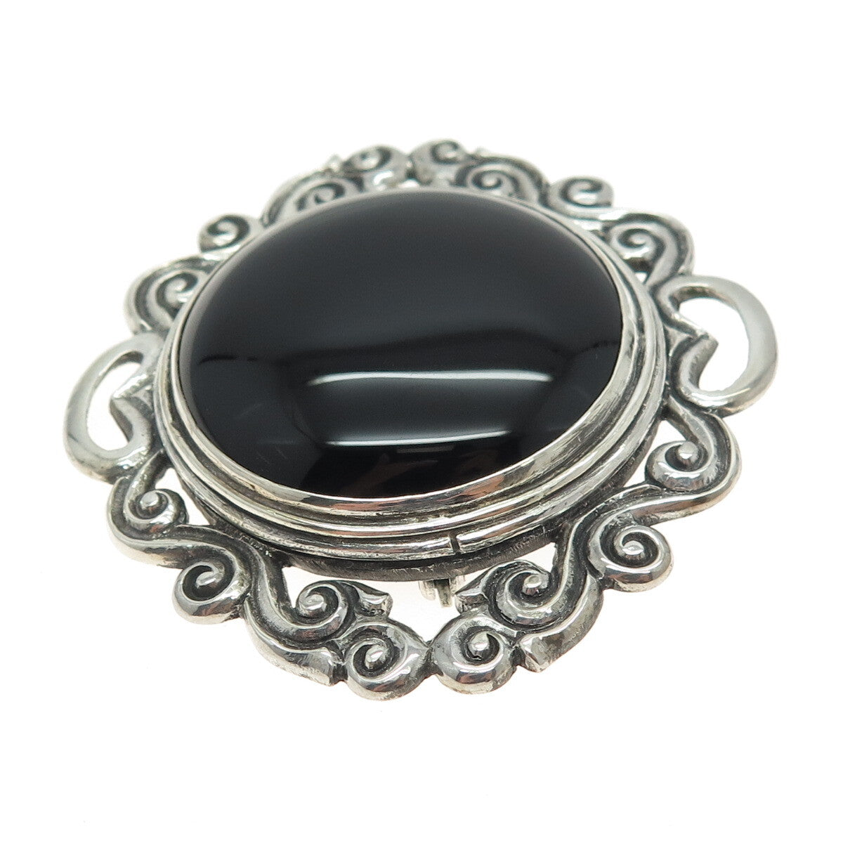 925 Sterling Silver Vintage Real Cabochon Black Onyx Ornate Pin Brooch