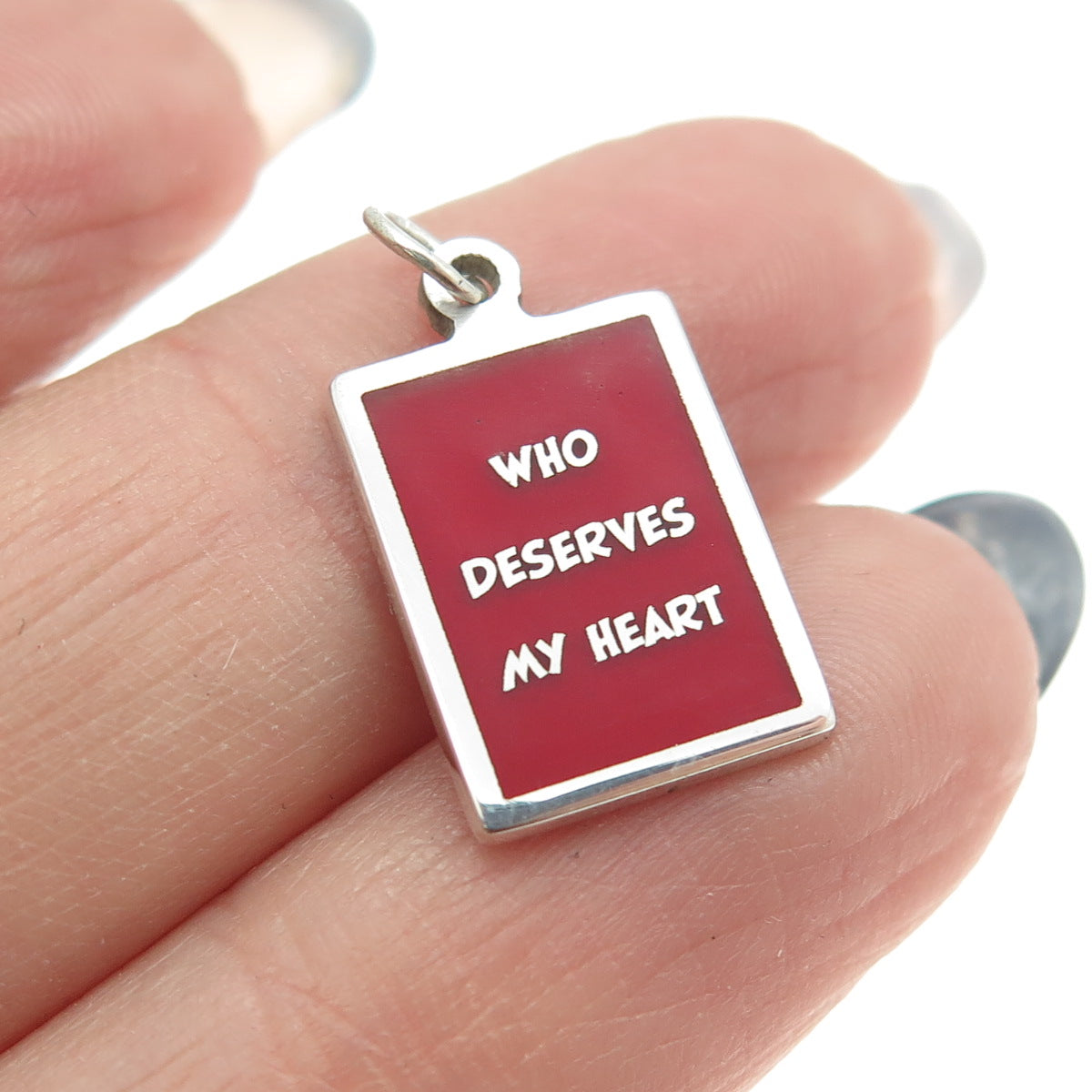 925 Sterling Silver Red Enamel "Who Deserves My Heart" Minimalist Charm Pendant