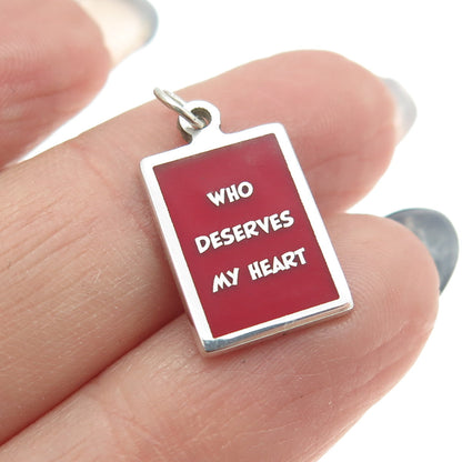 925 Sterling Silver Red Enamel "Who Deserves My Heart" Minimalist Charm Pendant