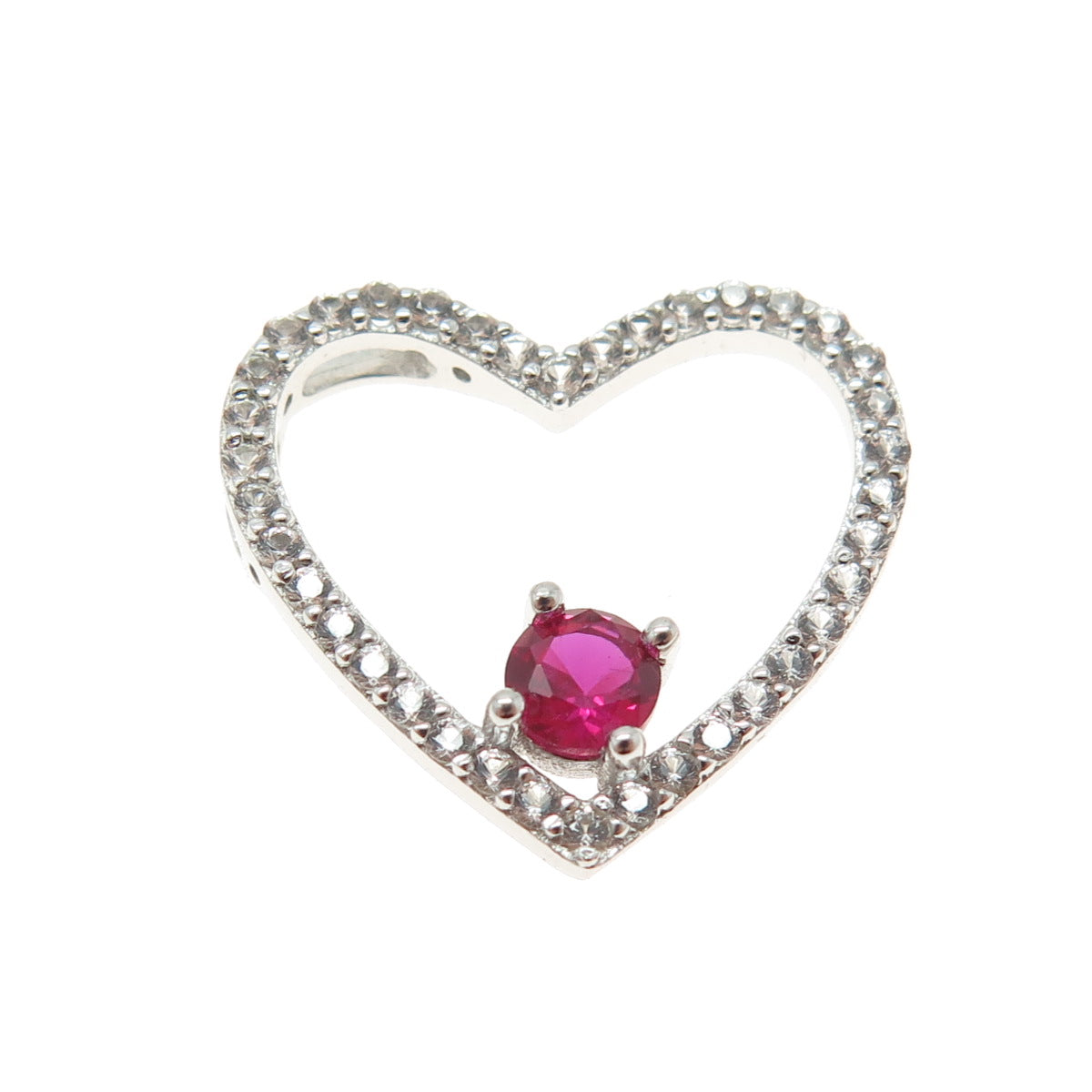 HAN 925 Sterling Silver White Topaz Gem & Lab-Created Ruby Heart Slide Pendant