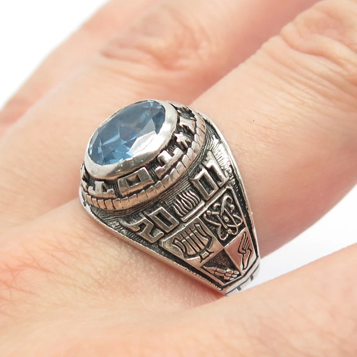 925 Sterling Silver Vintage REED Blue Glass School Ring Size 7.25