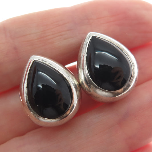 925 Sterling Silver Vintage Real Black Onyx Teardrop Omega Back Earrings