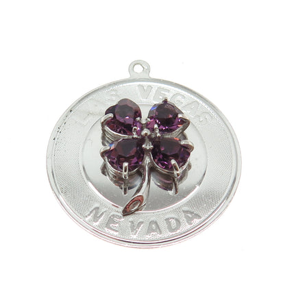 M&M 925 Sterling Silver Vintage Real Amethyst Las Vegas NV Clover Round Pendant