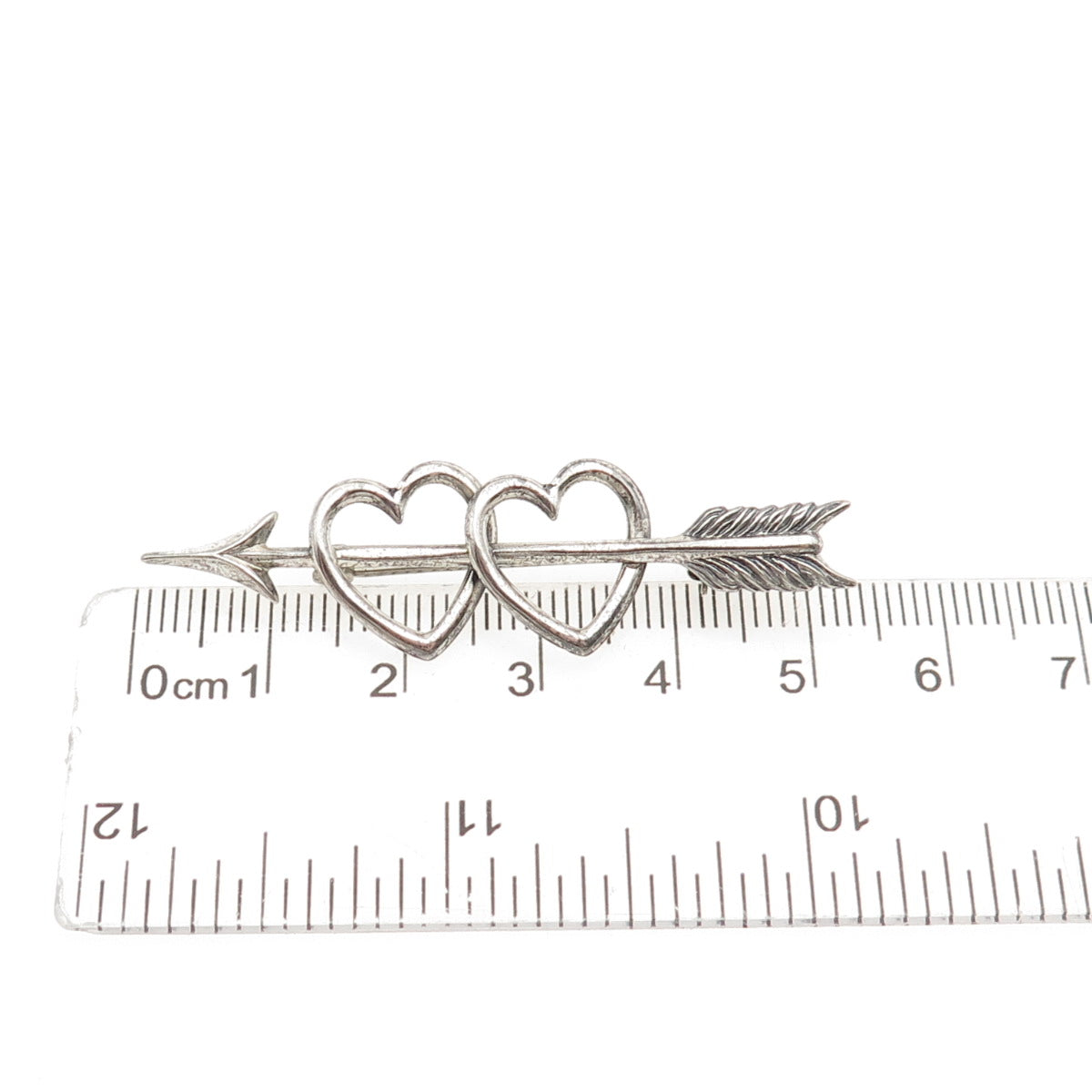 BEAU 925 Sterling Silver Antique Art Deco Couple Heart Arrow Oxidized Pin Brooch