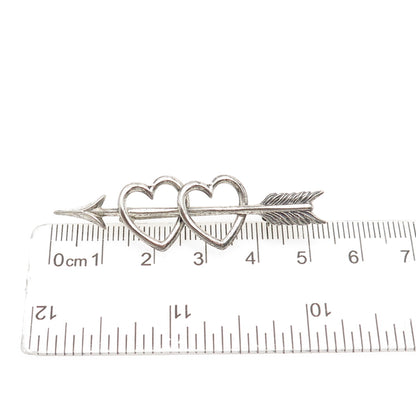 BEAU 925 Sterling Silver Antique Art Deco Couple Heart Arrow Oxidized Pin Brooch